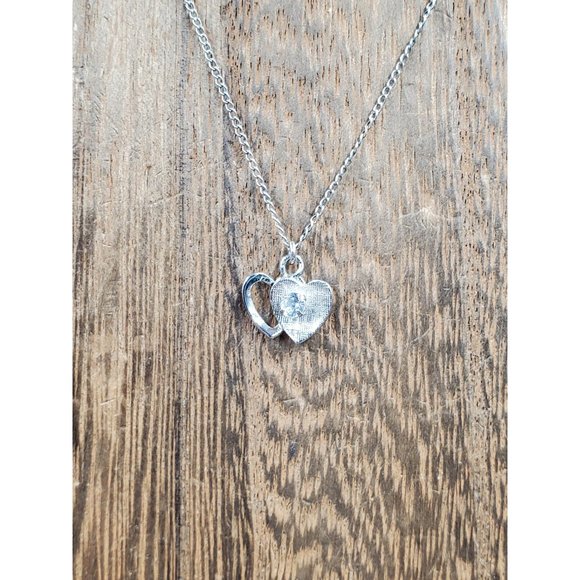 16 Inch Sterling Silver Double Heart Clear Quartz Gem Pendant Necklace - Picture 1 of 7